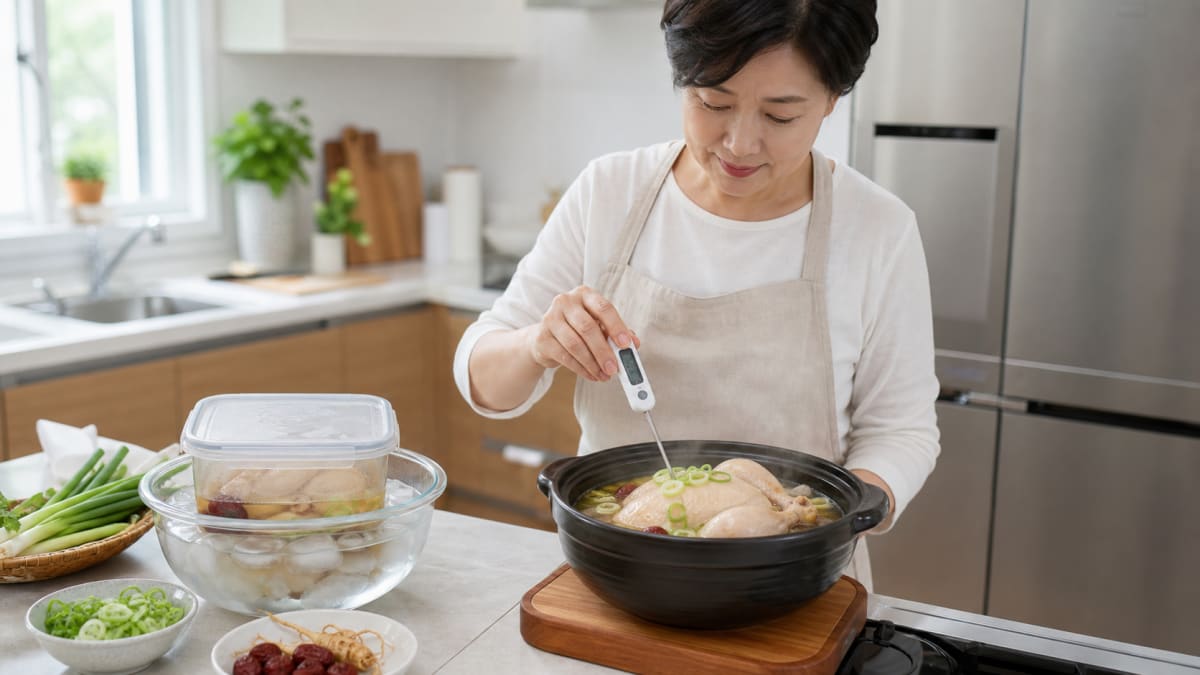 밝은 주방에서 삼계탕 중심 온도를 재고 남은 음식을 얼음물로 빠르게 식히는 한국인