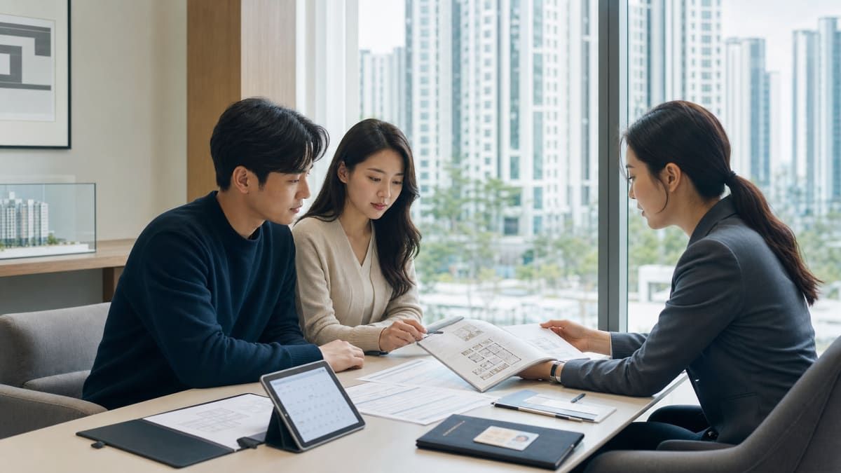 신축 아파트 단지를 바라보며 청약 일정과 서류를 상담받는 한국인 부부