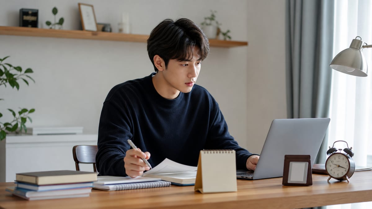 노트북으로 한국사능력검정시험 원서접수를 확인하며 공부 계획을 정리하는 한국인 청년