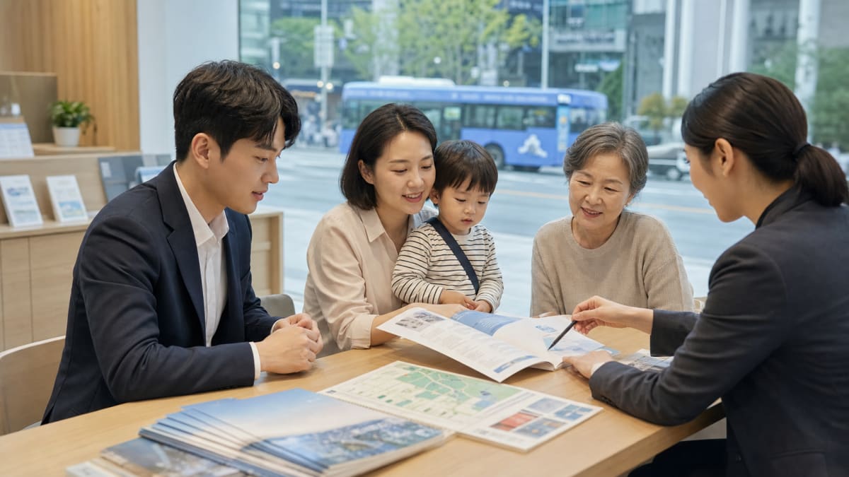 서울 시내 버스정류장과 공공주택 안내문을 보며 스마트폰으로 생활정책을 확인하는 다양한 연령대의 서울 시민