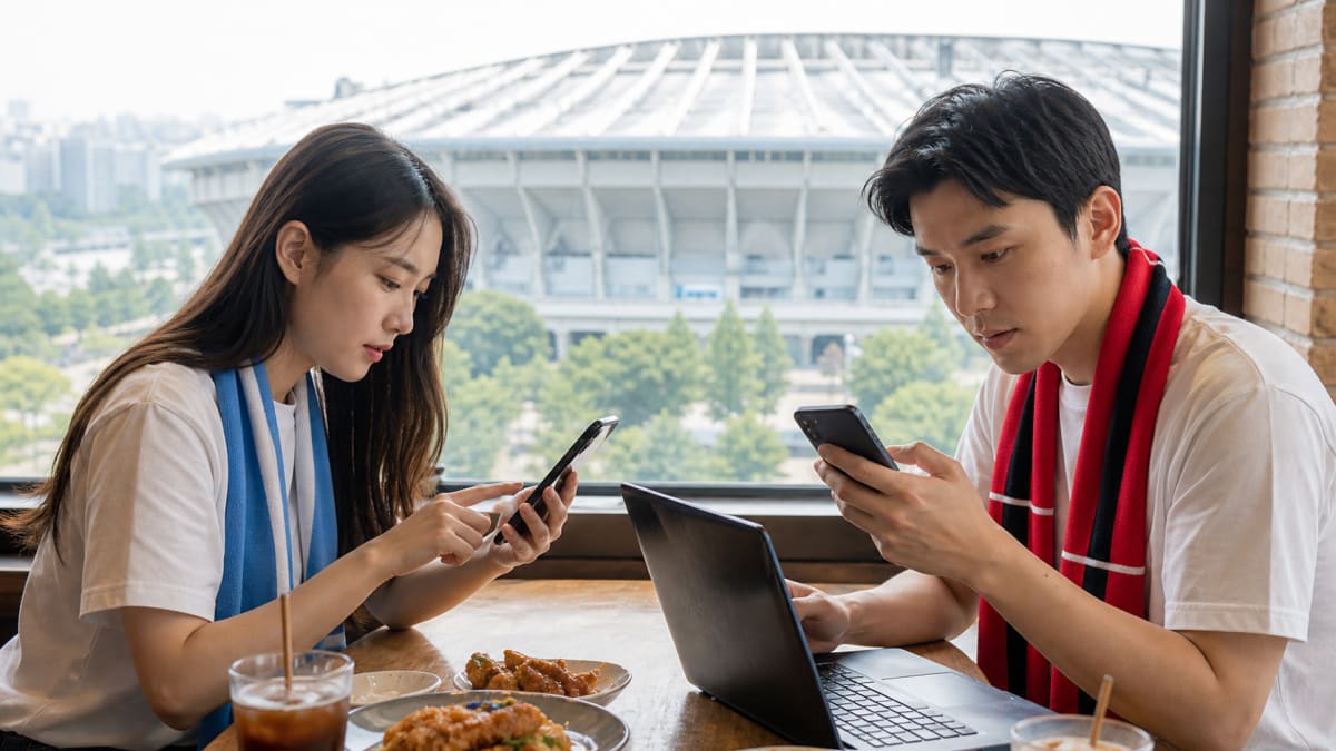 서울월드컵경기장 근처에서 스마트폰과 노트북으로 축구 티켓 예매를 준비하는 한국인 팬 두 명