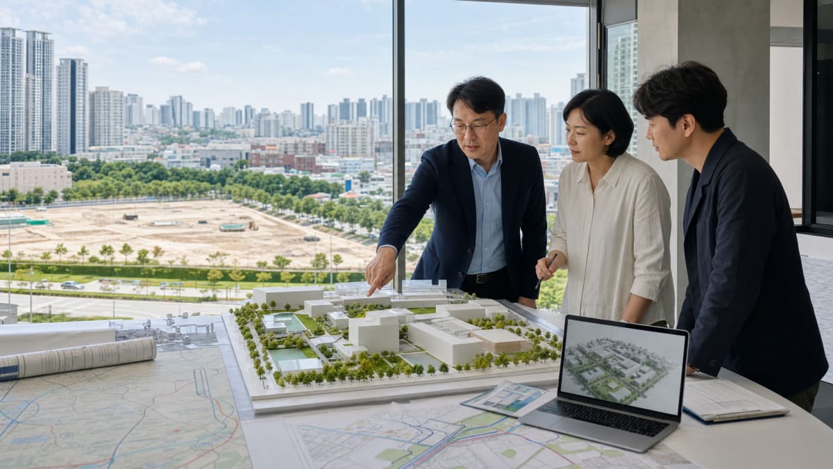 송파구 대규모 개발 부지를 바라보며 건축 모형과 계획도를 검토하는 한국인 도시계획 전문가