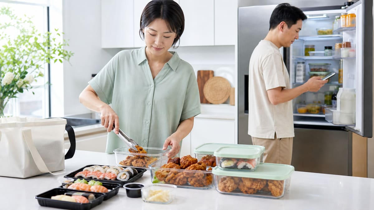 여름철 한국 가정 주방에서 배달 초밥과 치킨을 밀폐용기에 나눠 냉장하는 모습