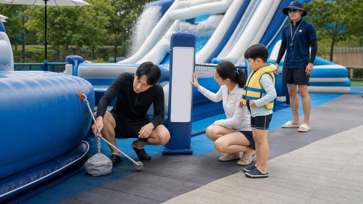 한국 야외 물놀이터에서 부모가 어린이와 함께 에어바운스 고정장치와 운영 상태를 확인하는 장면
