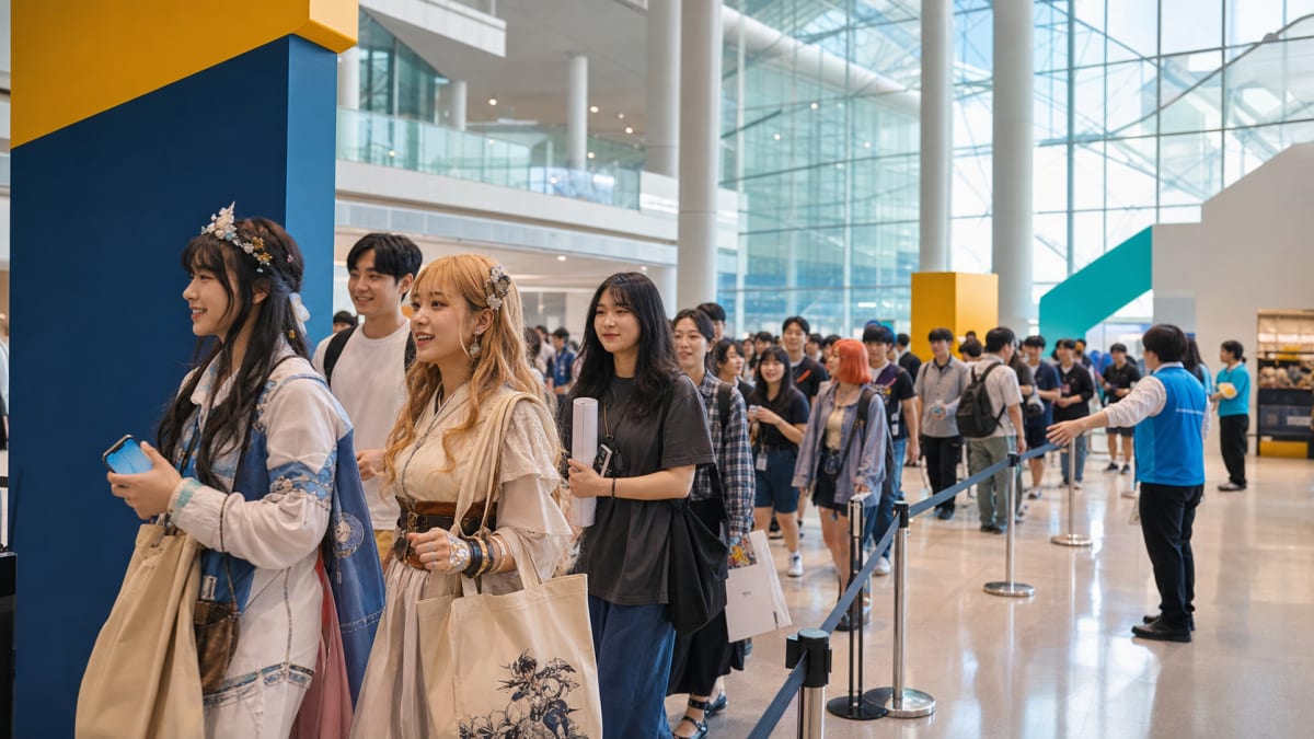 일산의 대형 전시장 입구에서 모바일 티켓을 준비해 질서 있게 입장하는 한국인 코믹 행사 참가자들