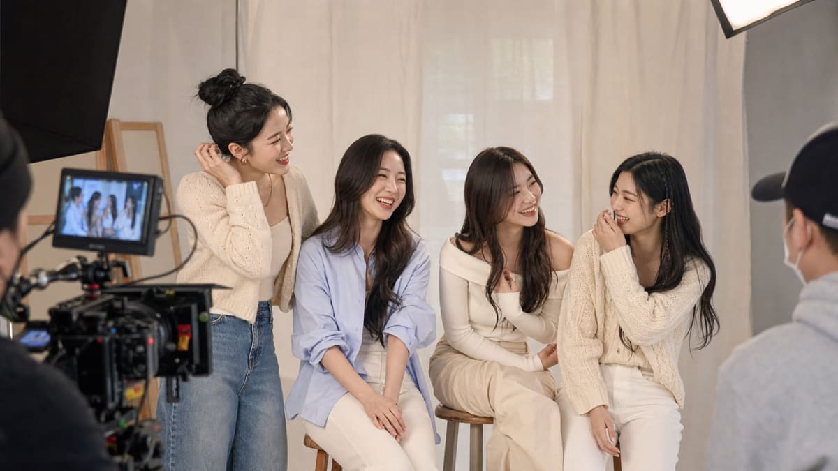 실제 멤버가 아닌 기사 이해를 위한 연출 이미지로, 스튜디오에서 스페셜 영상을 촬영하는 네 명의 가상 여성 아티스트
