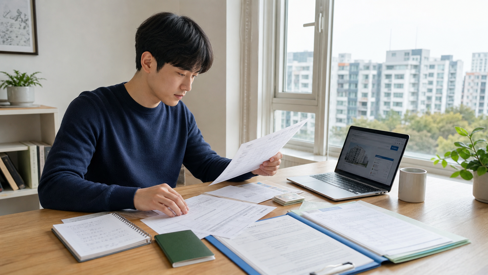 책상에서 청년주택 신청 서류와 체크리스트를 정리하고 있는 한국인 청년