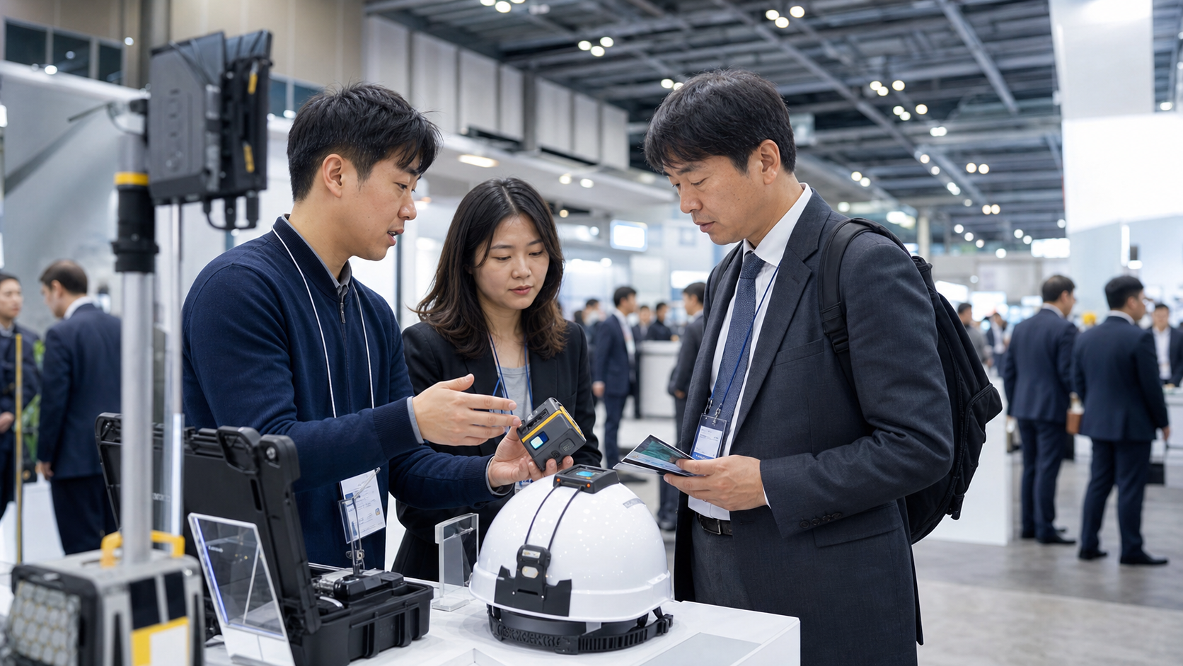국내 안전산업 박람회 부스에서 스마트 안전센서와 보호장비를 시연하는 한국 중소기업 직원들
