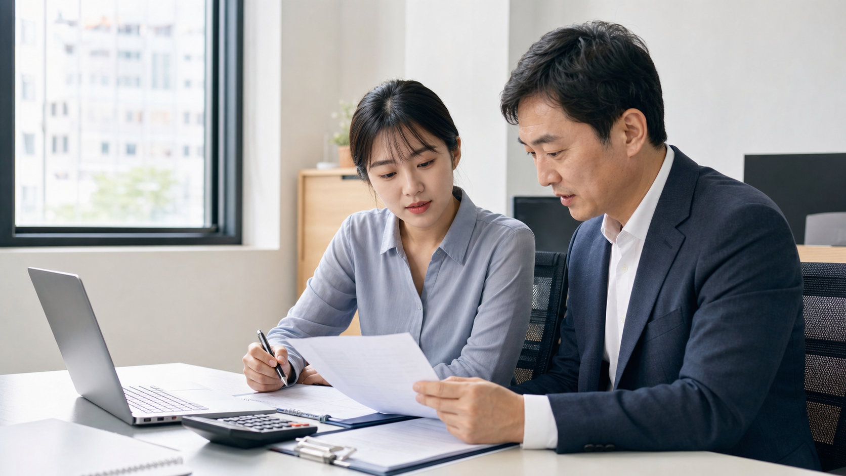 서울의 작은 사무실에서 급여명세서와 근로계약서를 함께 확인하는 한국인 근로자와 인사담당자
