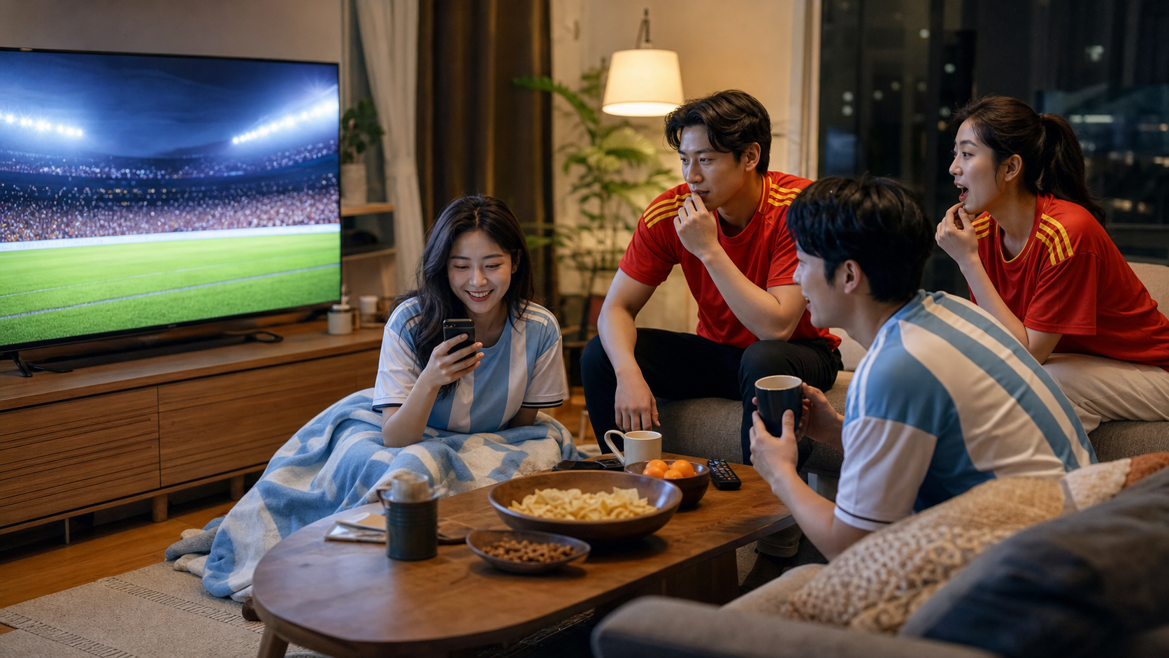 한국시간 새벽 월드컵 결승 시청을 준비하며 거실에서 아르헨티나와 스페인 색상의 옷을 입은 한국인 축구 팬 네 명