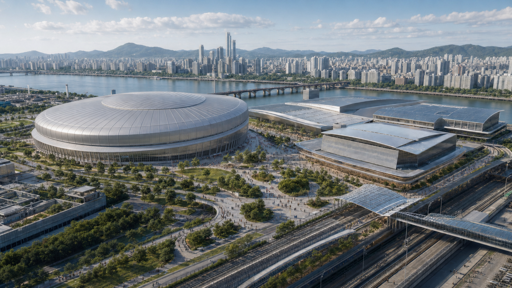 잠실 한강변에 조성될 돔야구장과 전시컨벤션 복합공간을 이해하기 위한 생성 이미지