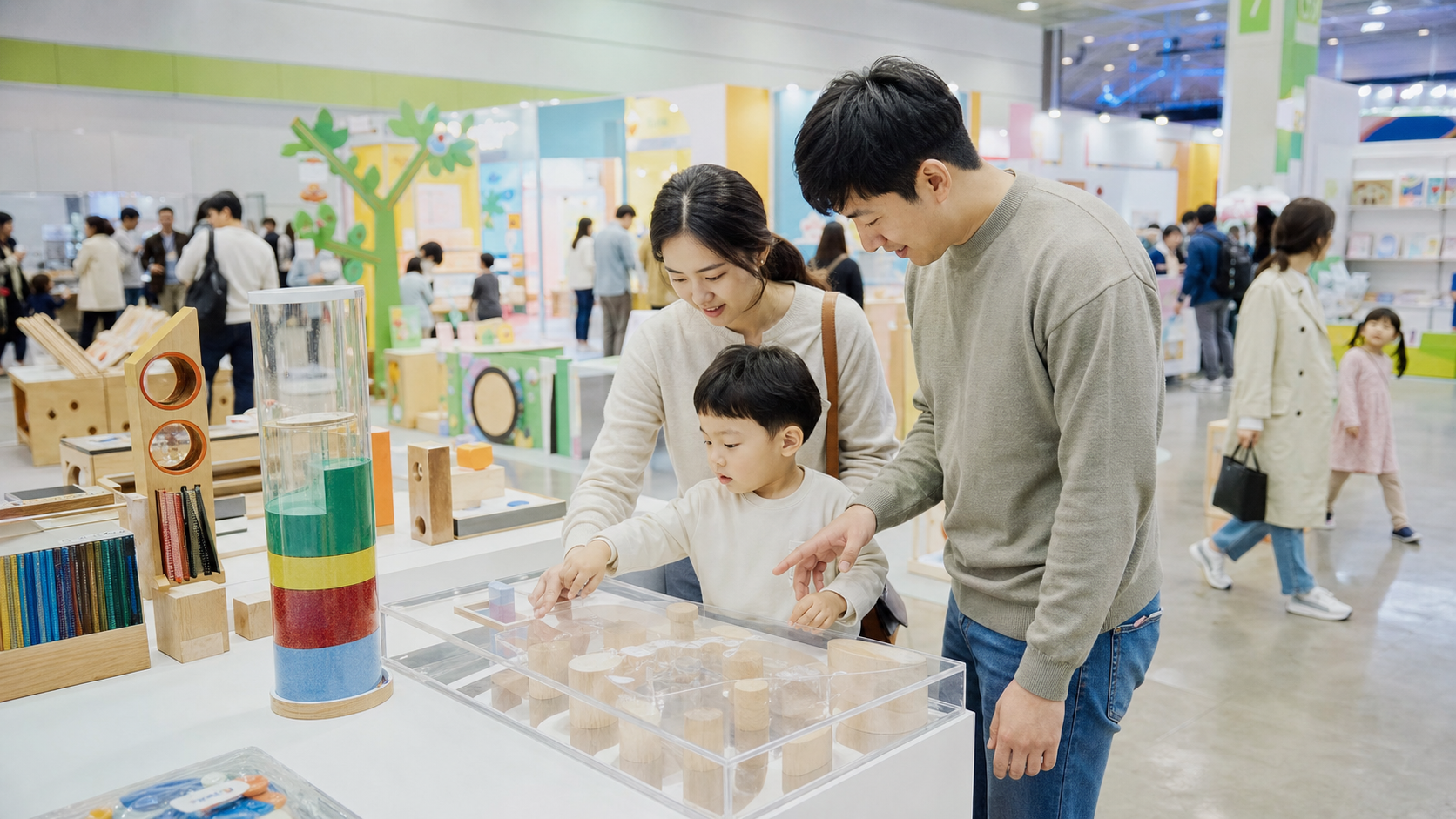 서울의 대형 교육 전시장에서 한국인 부모와 어린이가 체험형 학습 교구를 함께 살펴보는 장면