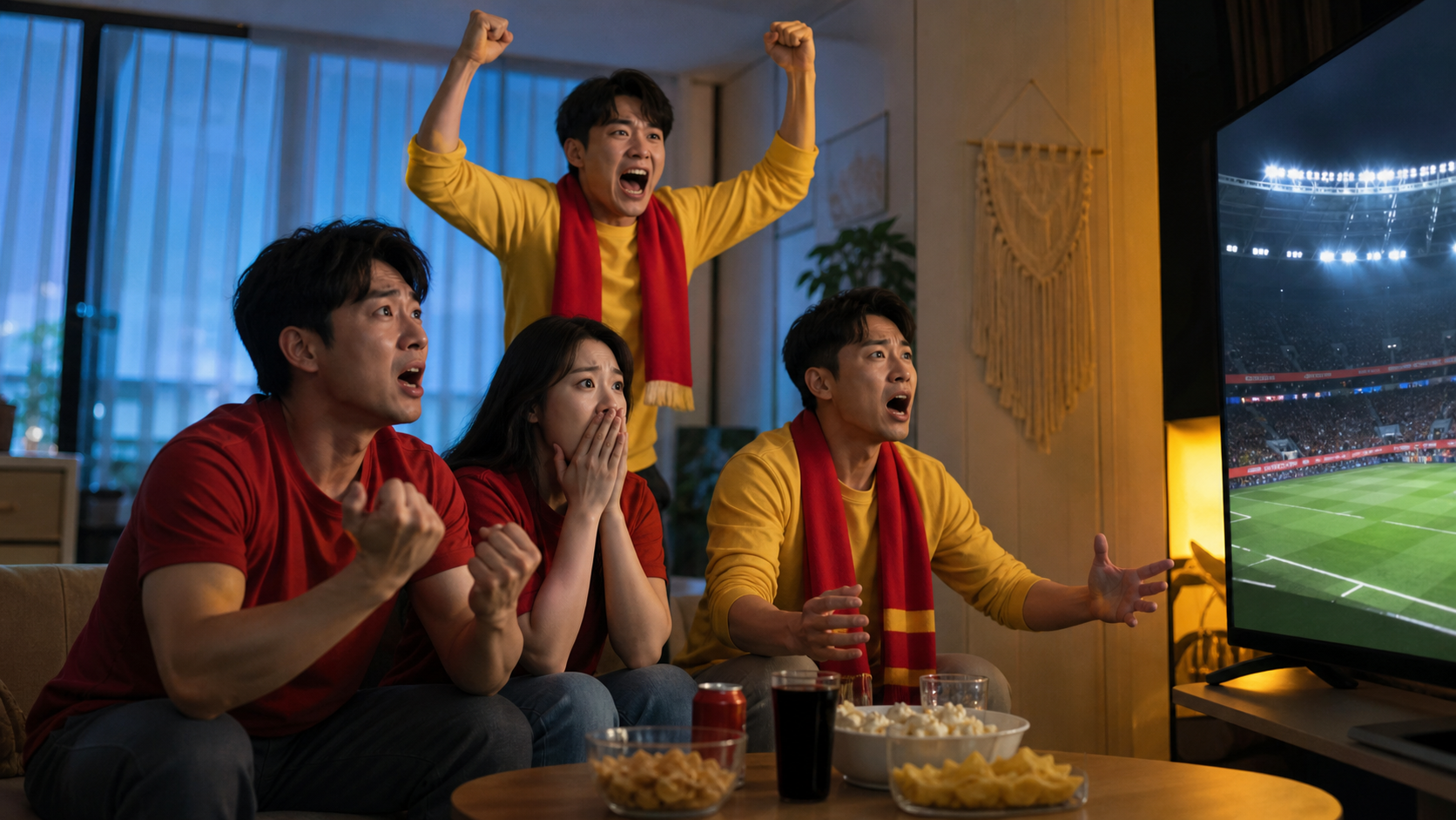 한국의 축구 팬들이 거실에서 월드컵 결승전을 보며 환호하고 긴장하는 장면