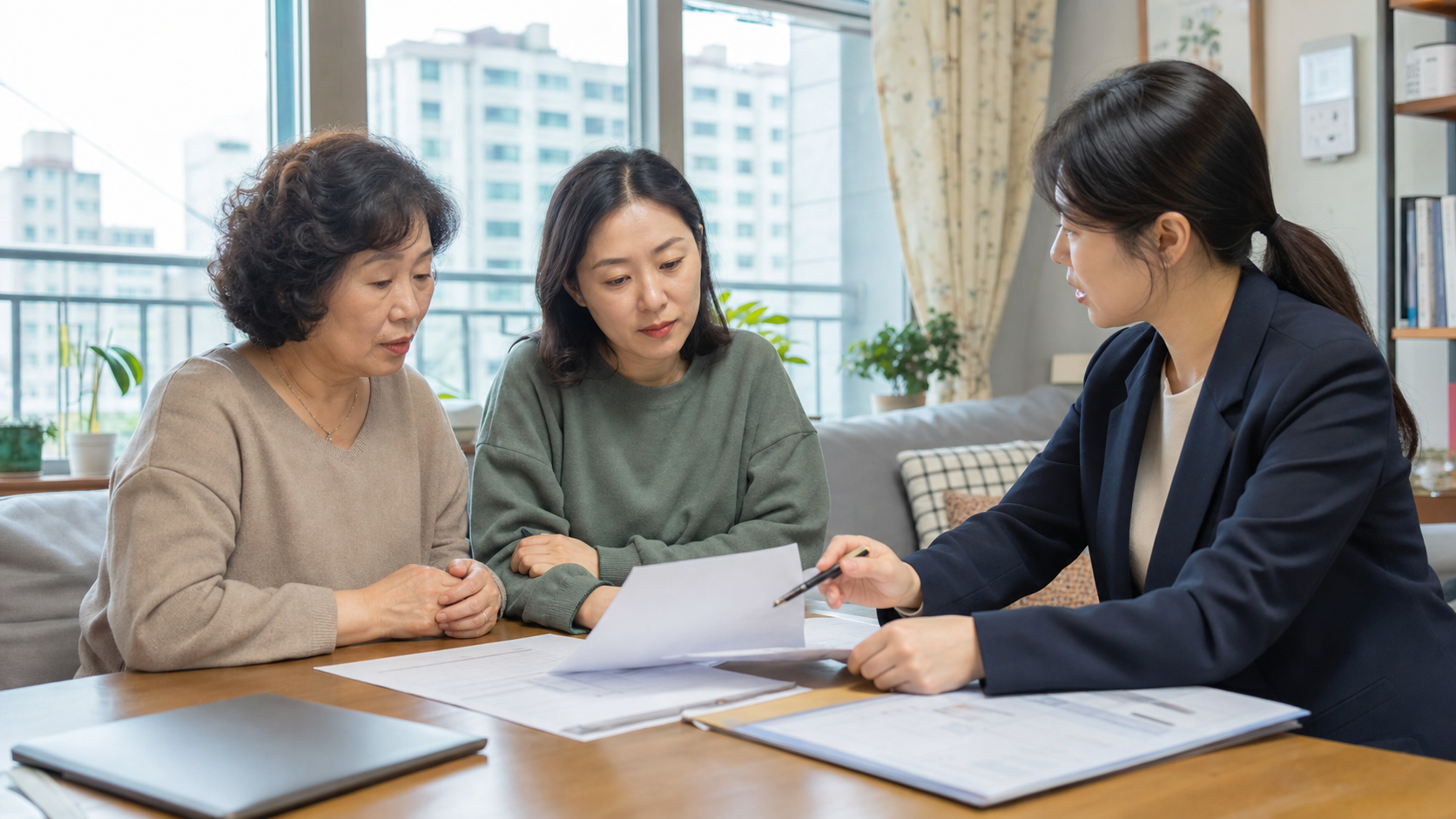 공공임대주택 상담창구에서 임차권 승계 서류와 휴대전화 기록을 검토하는 한국인 가족
