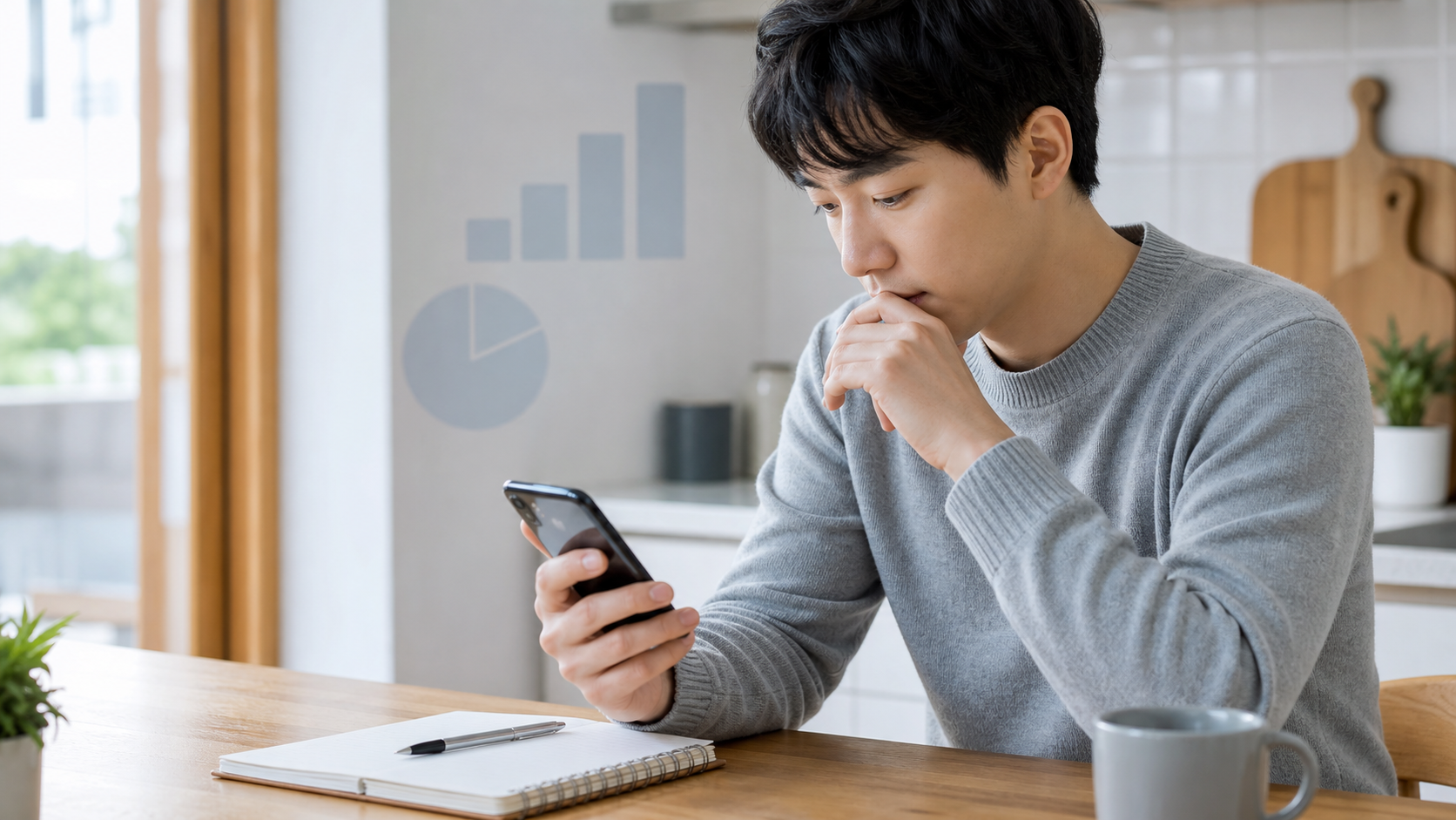 스마트폰과 노트를 놓고 알뜰폰 데이터 요금제를 비교하는 생활 장면