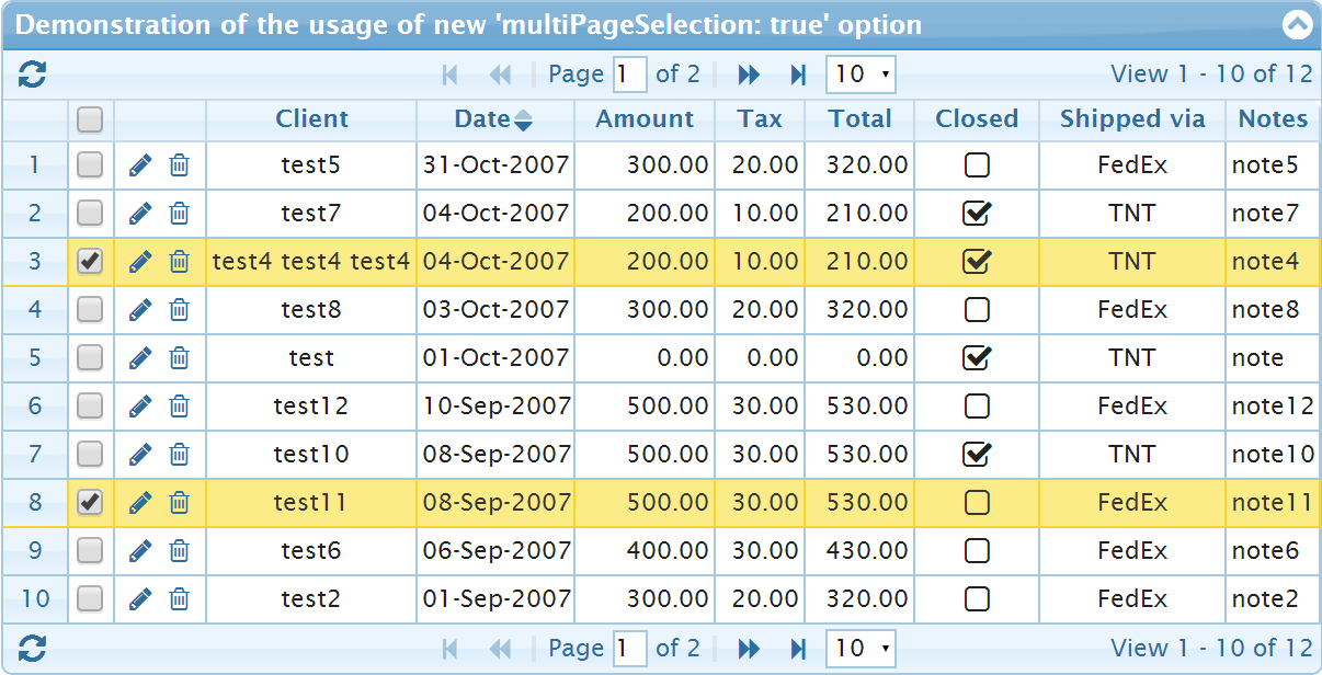 Select rows using multiPageSelection option