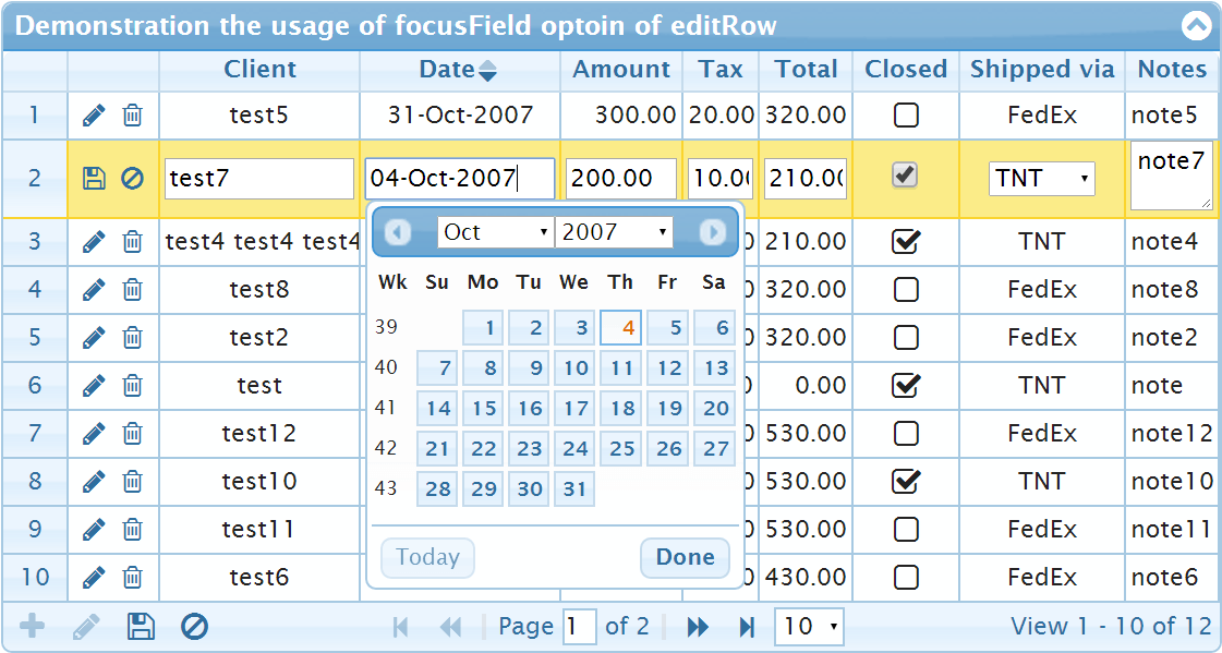 Usage of focusField option of editRow