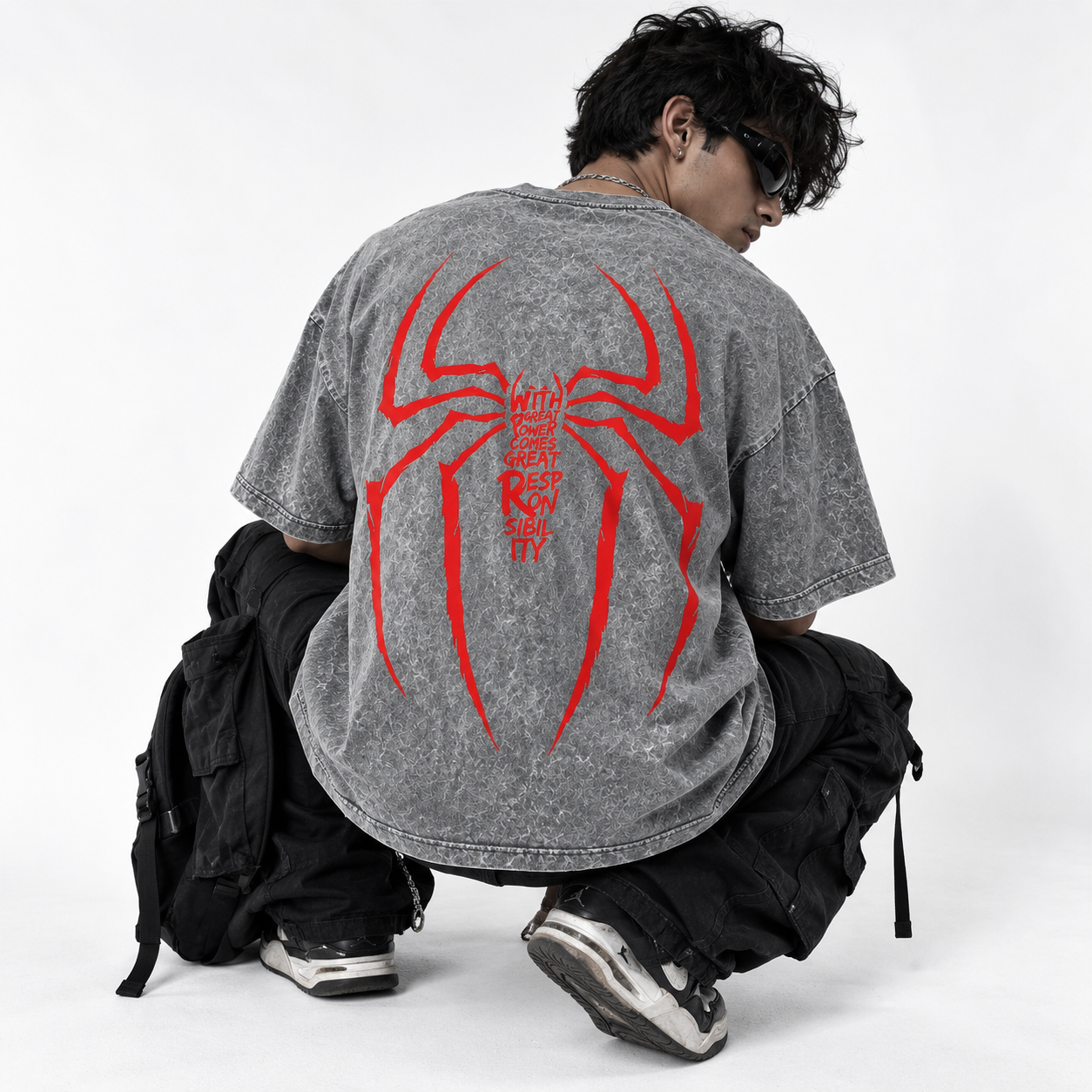 Deez Prints SPIDERVERSE ACID WASH TEE acid wash — front view