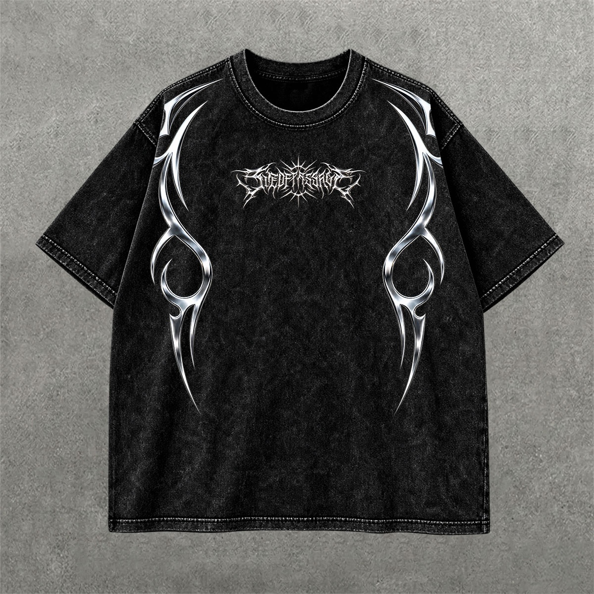Deez Prints Chrome Wyrm Acid Wash Tee detail view — ACID WASH