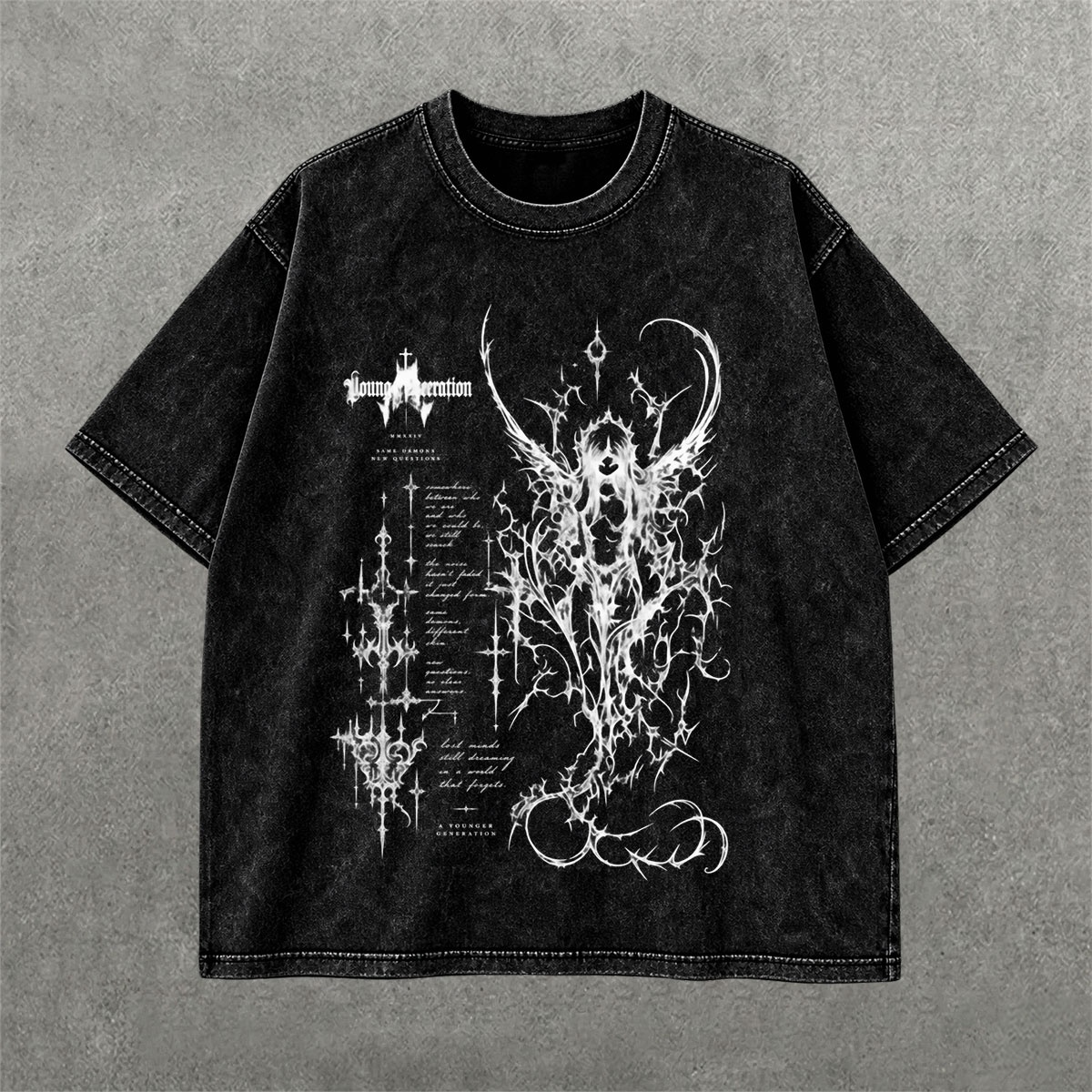Deez Prints Crimson Thorn Sigil Acid Wash Tee detail view — ACID WASH