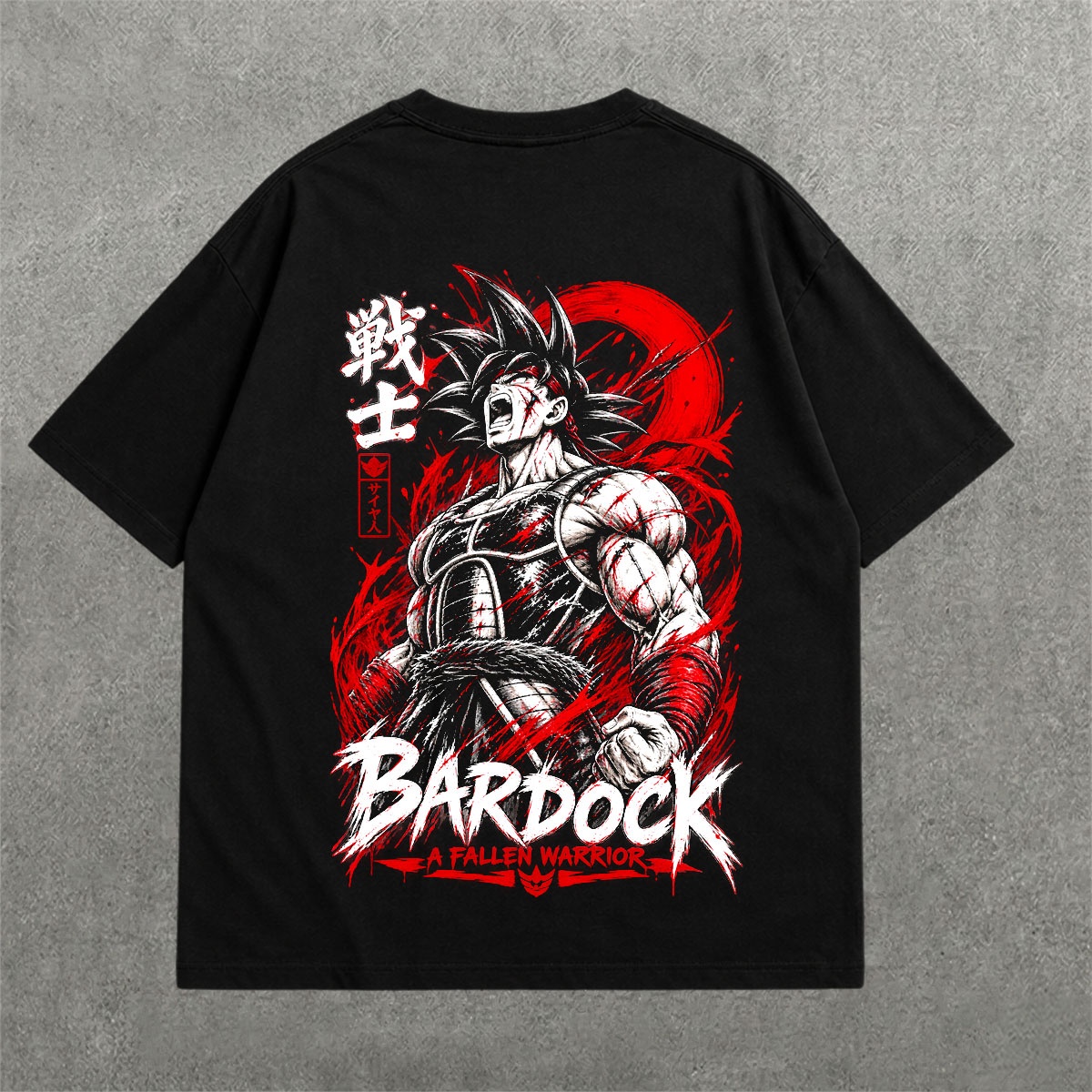 DBZ Bardock Fallen Warrior Drop Shoulder Tee on heavyweight 240 GSM drop-shoulder oversized tee — back graphic view