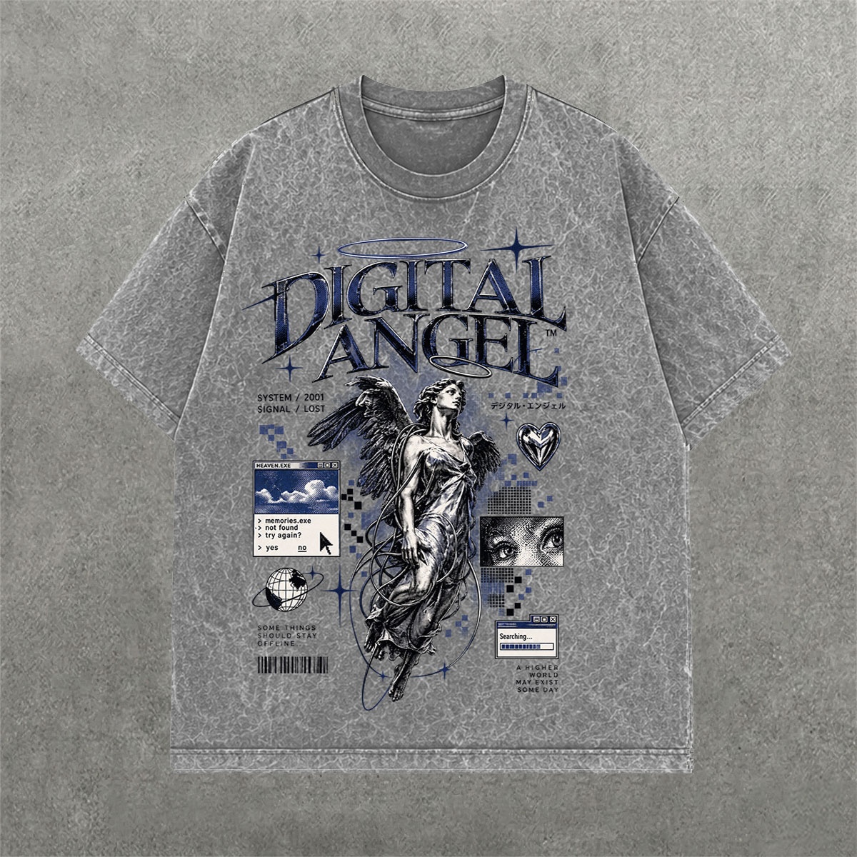 Digital Angel Acid Wash Tee on hand-dyed acid wash streetwear tee — front graphic view