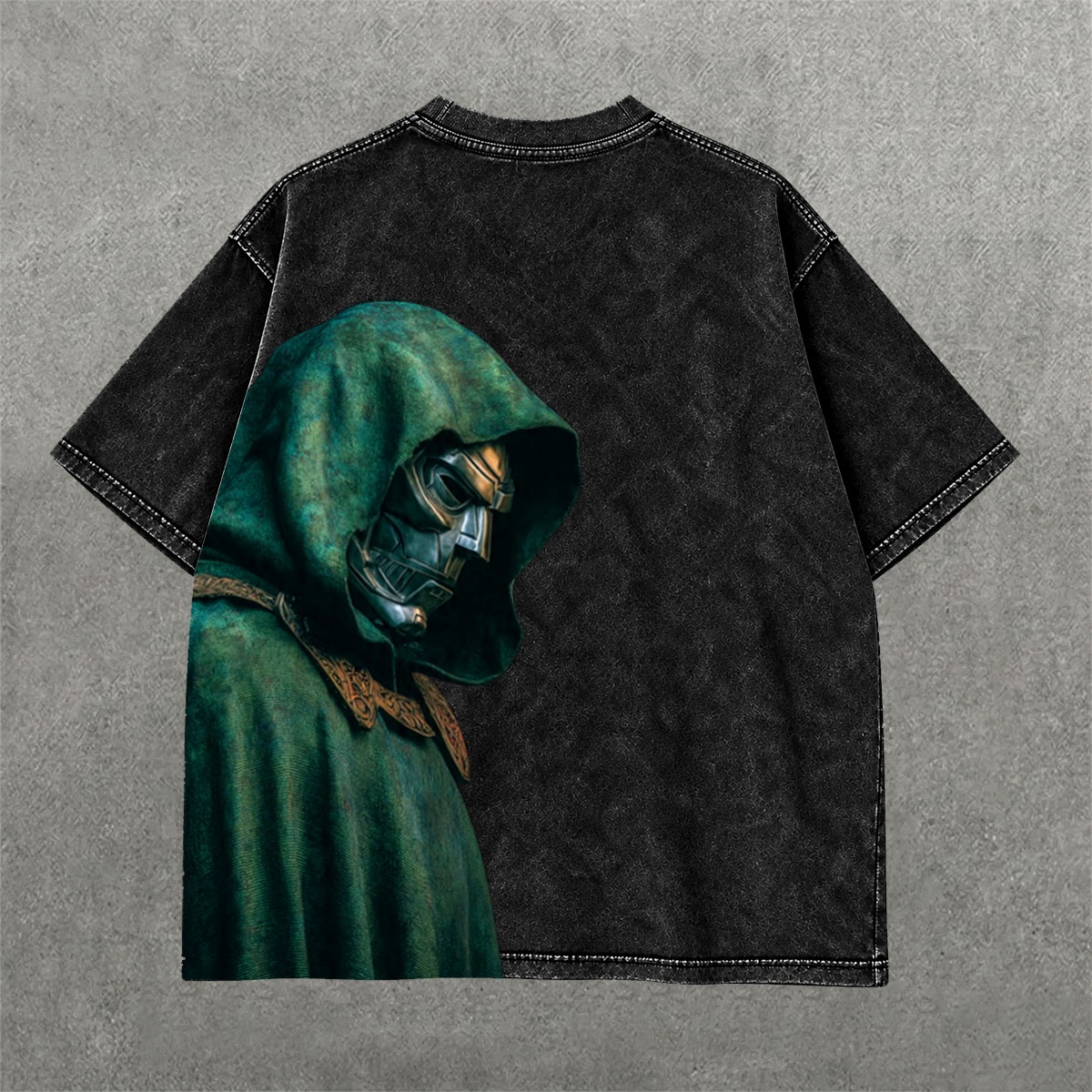 Dr. Doom Acid Wash Tee on hand-dyed acid wash streetwear tee — back graphic view