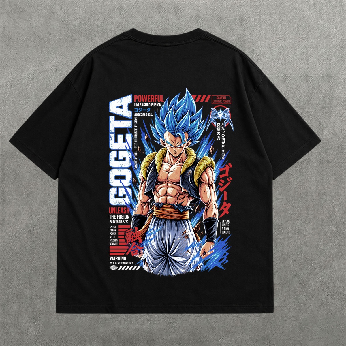 Deez Prints Gogeta Blue Fusion Drop Shoulder Tee detail view — DROP SHOULDER