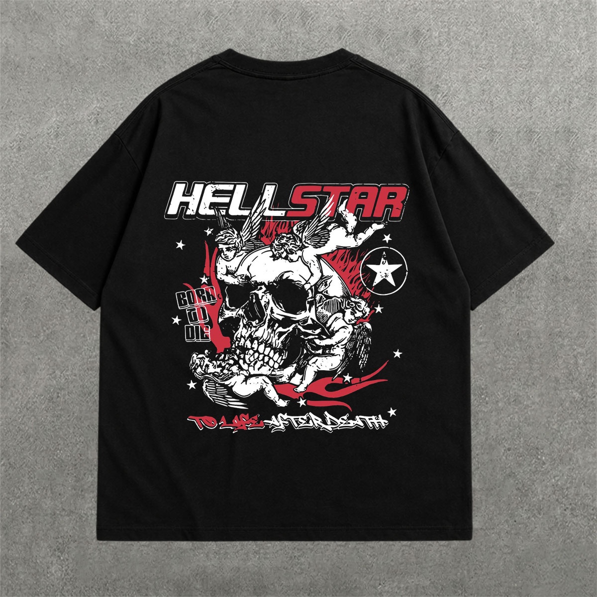 Hellstar Drop Shoulder Tee on heavyweight 240 GSM drop-shoulder oversized tee — back graphic view