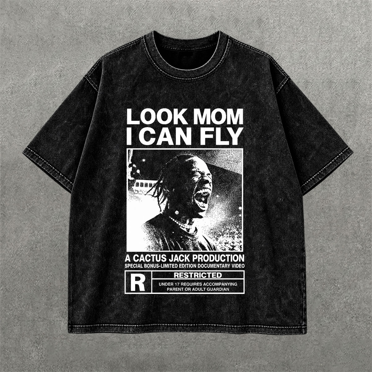 Deez Prints Look Mom I Can Fly Acid Wash Tee detail view — ACID WASH