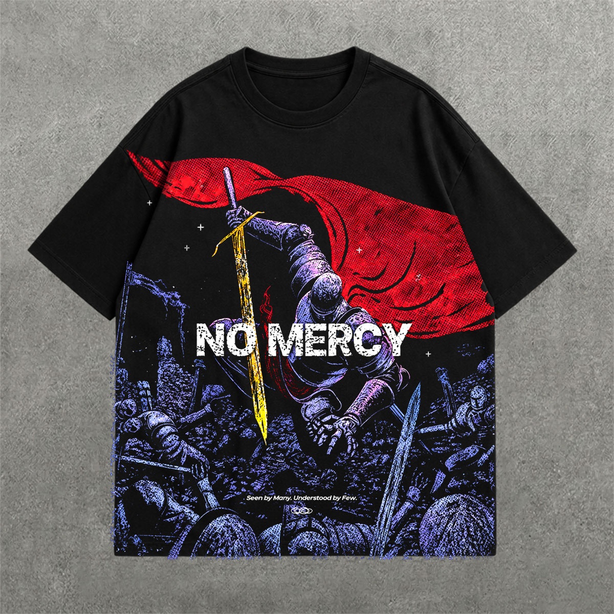 No Mercy Drop Shoulder Tee on heavyweight 240 GSM drop-shoulder oversized tee — front graphic view