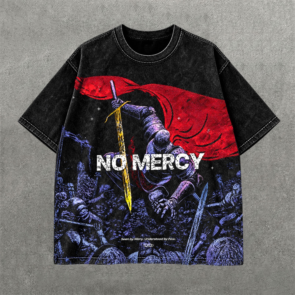 No Mercy Acid Wash Tee on hand-dyed acid wash streetwear tee — front graphic view