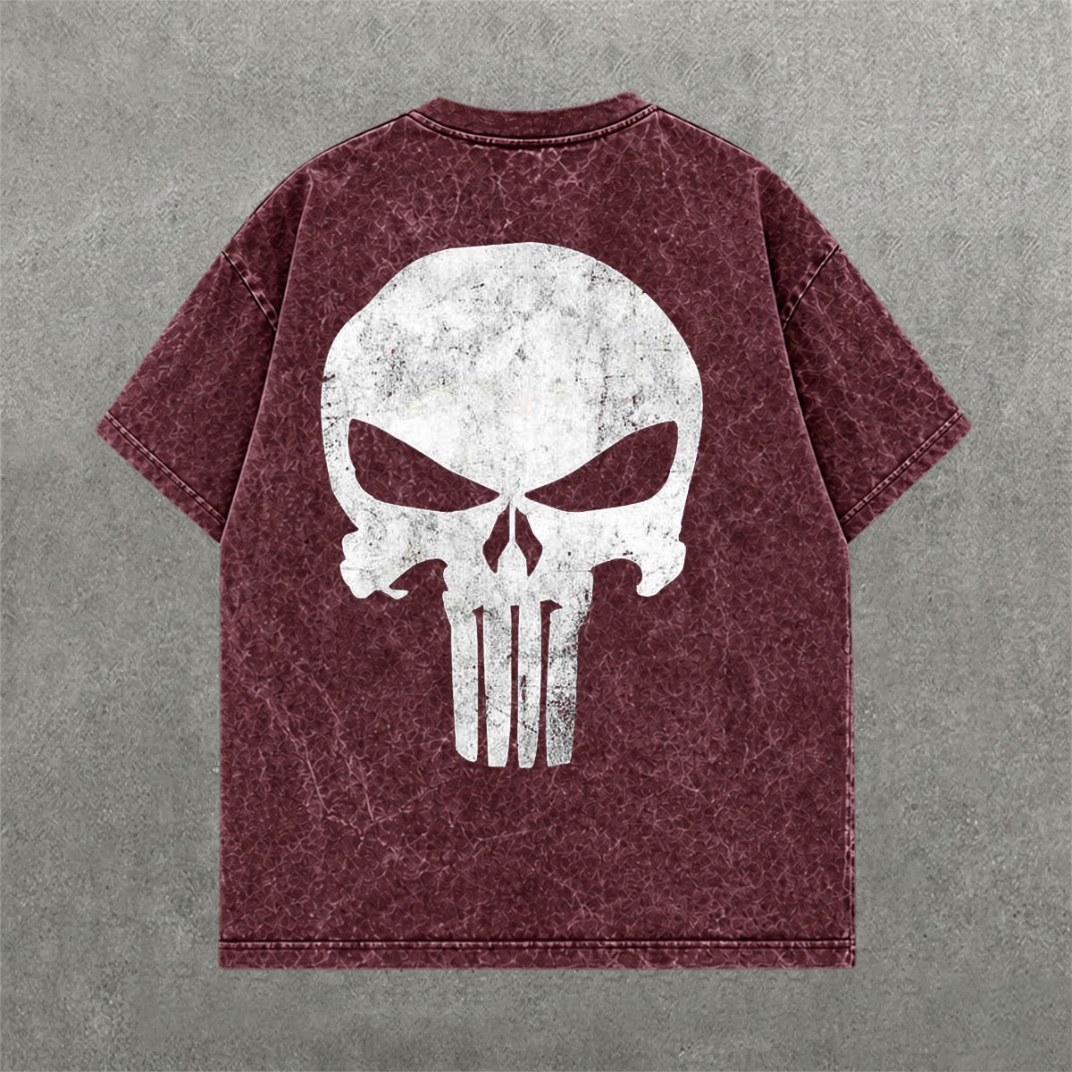 Punisher Distressed Acid Wash Tee on hand-dyed acid wash streetwear tee — back graphic view