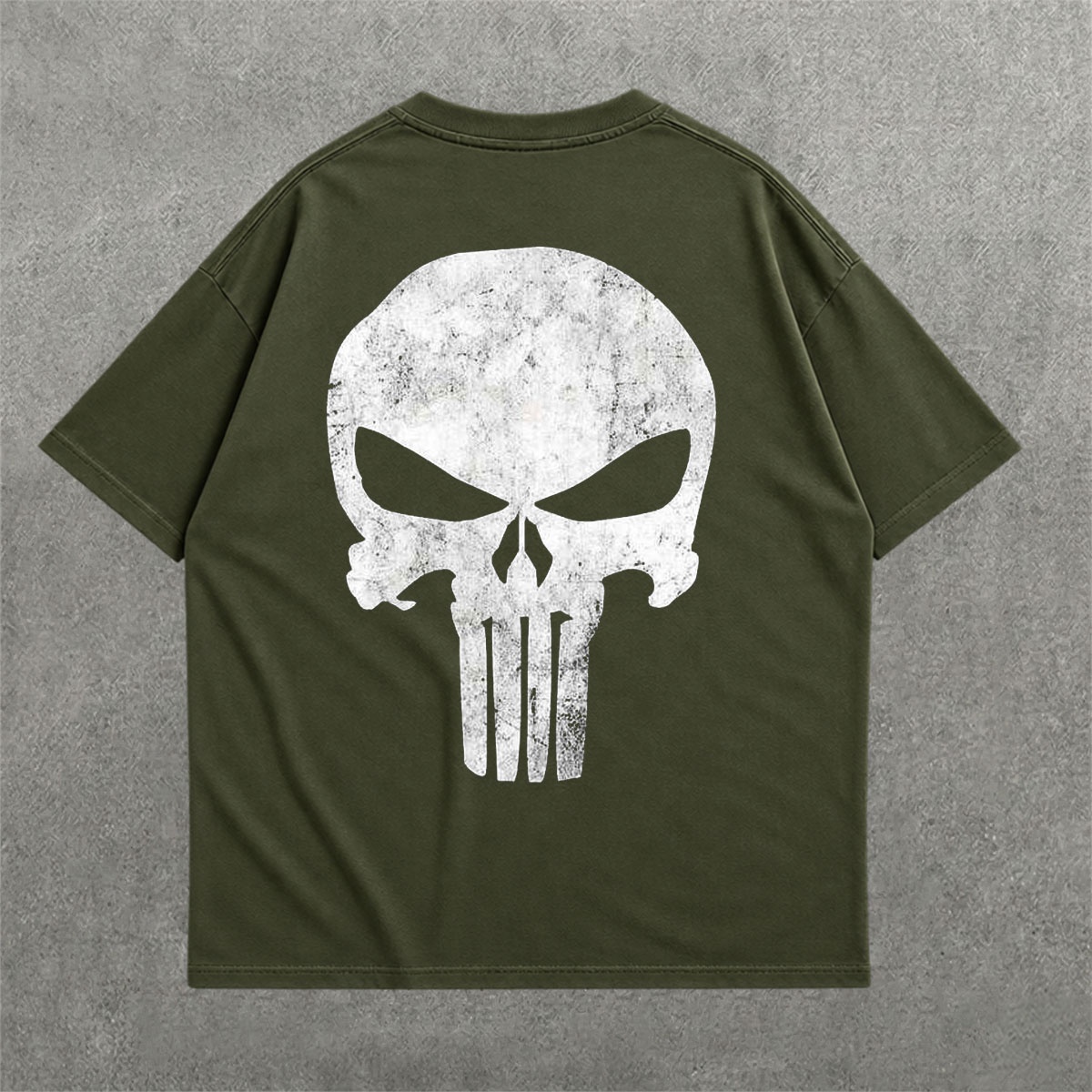 Punisher Distressed Drop Shoulder Tee on heavyweight 240 GSM drop-shoulder oversized tee — back graphic view