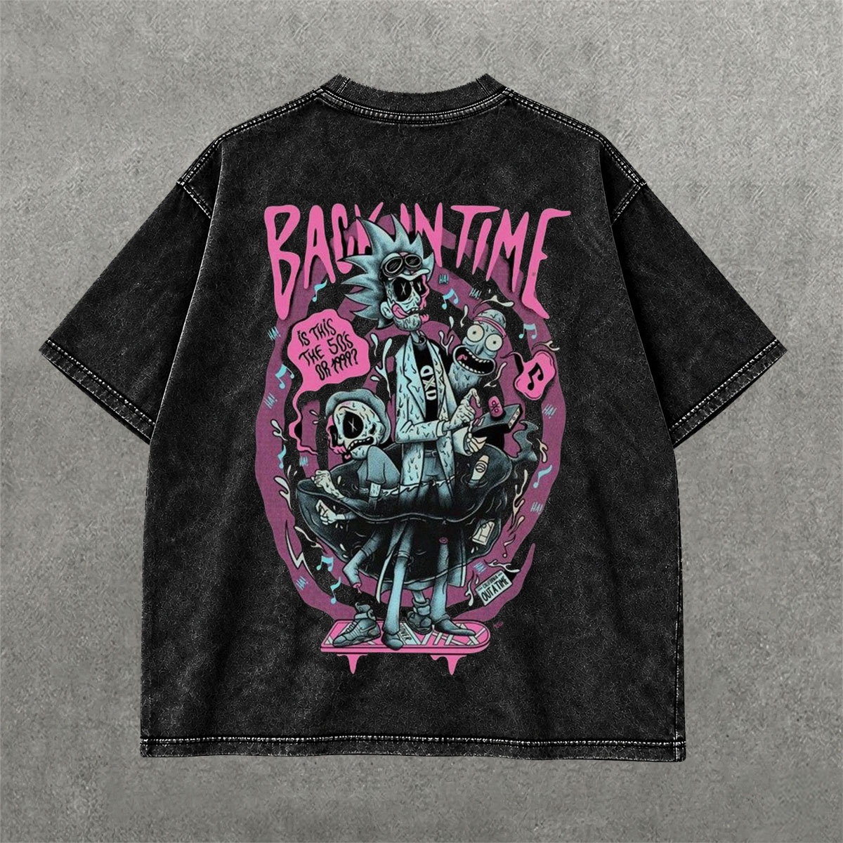 Rick and Morty Acid Wash Tee on hand-dyed acid wash streetwear tee — back graphic view