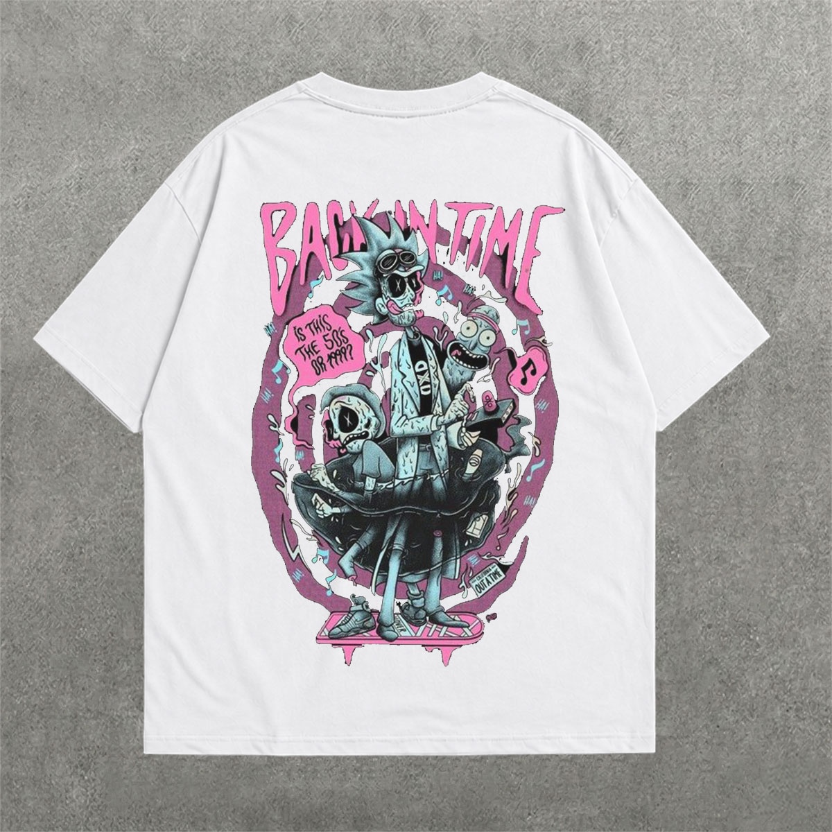 Rick and Morty Drop Shoulder Tee on heavyweight 240 GSM drop-shoulder oversized tee — back graphic view