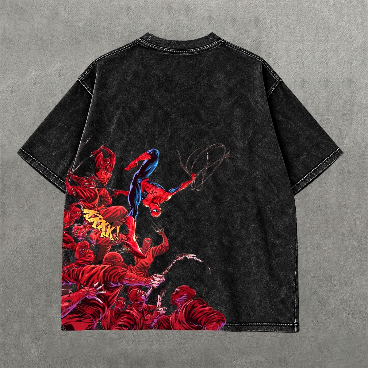 Spiderman Comic Battle Acid Wash Tee on hand-dyed acid wash streetwear tee — back graphic view