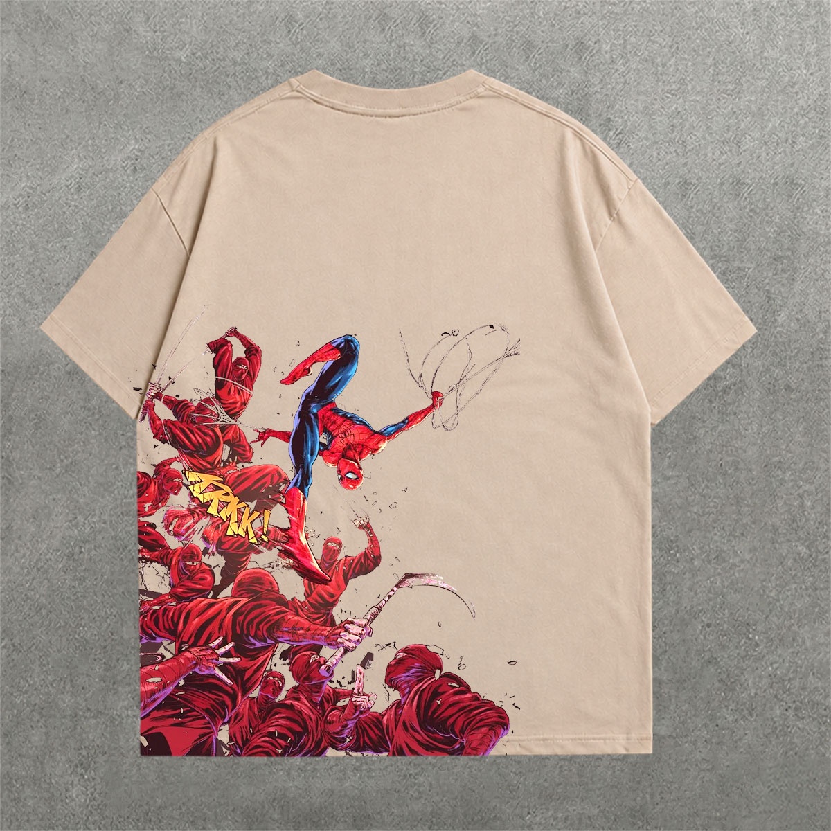 Spiderman Comic Battle Drop Shoulder Tee on heavyweight 240 GSM drop-shoulder oversized tee — back graphic view