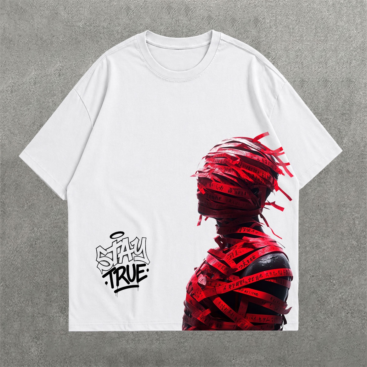 Stay Safe Drop Shoulder Tee on heavyweight 240 GSM drop-shoulder oversized tee — front graphic view