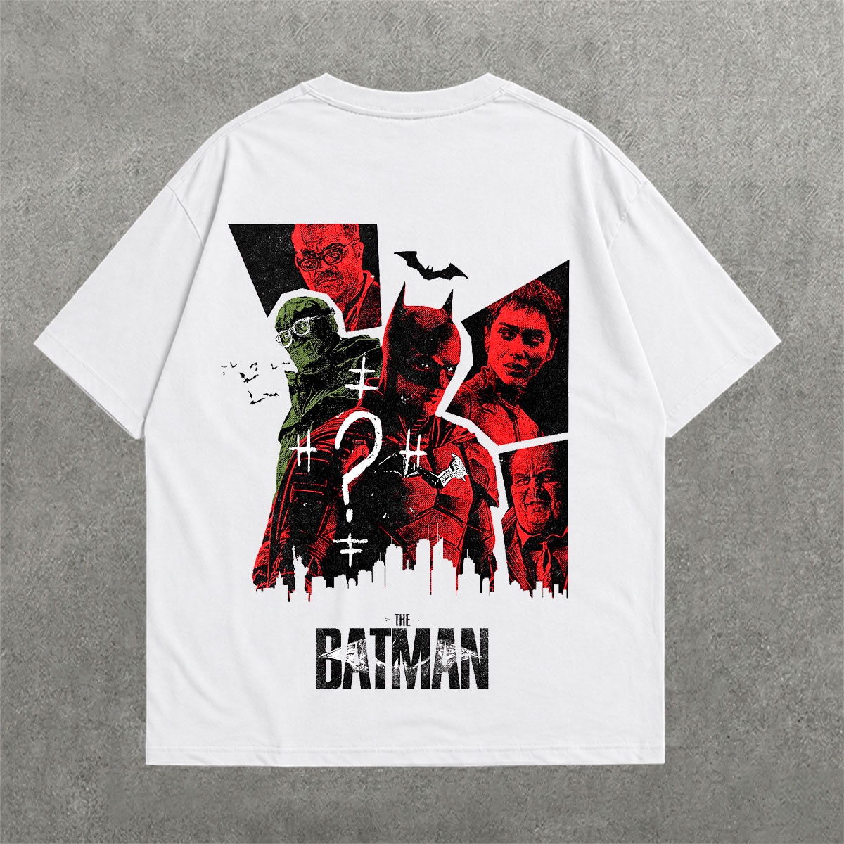 The Batman Gotham Drop Shoulder Tee on heavyweight 240 GSM drop-shoulder oversized tee — back graphic view