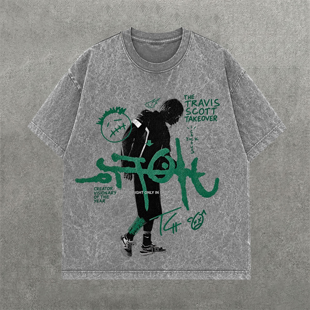 Cactus Takeover Acid Wash Tee on hand-dyed acid wash streetwear tee — front graphic view
