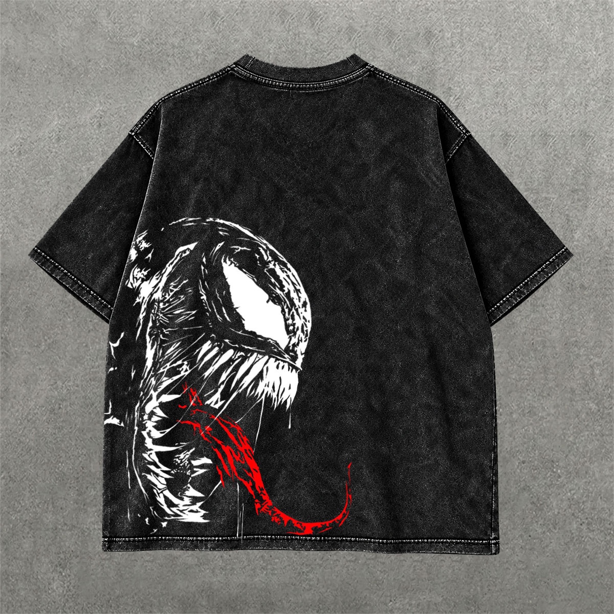 Venom Symbiote Acid Wash Tee on hand-dyed acid wash streetwear tee — back graphic view