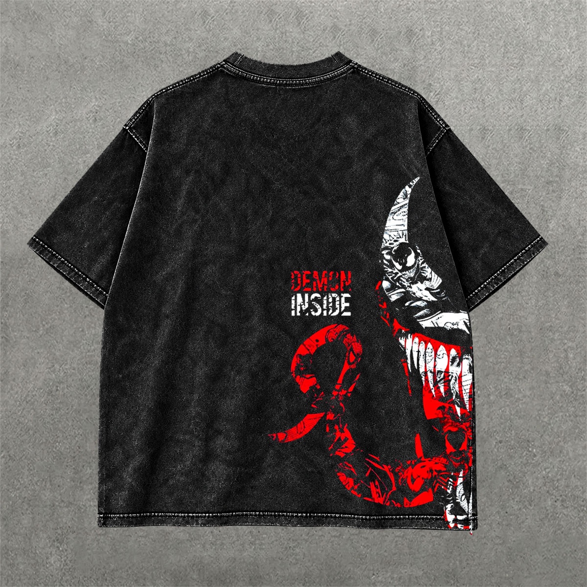 Venom Demon Inside Acid Wash Tee on hand-dyed acid wash streetwear tee — back graphic view