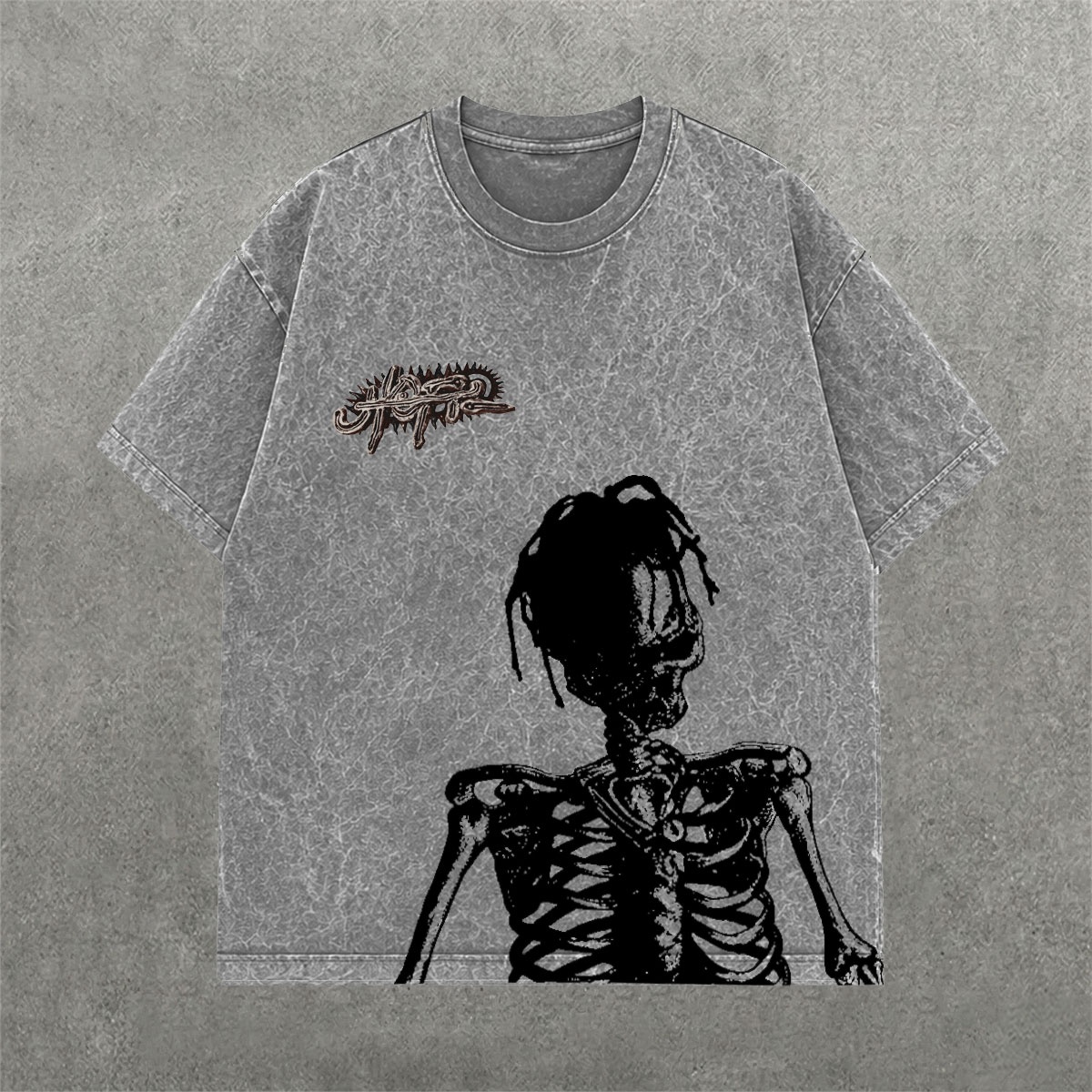 Deez Prints UTOPIA Skeleton Acid Wash Tee detail view — ACID WASH