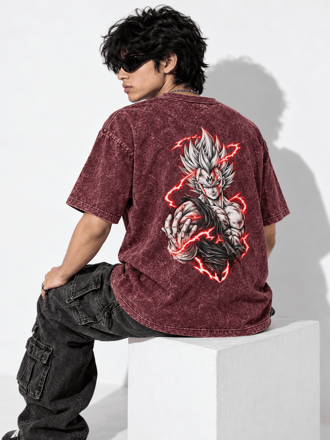 Majin Vegeta Acid Wash Tee on hand-dyed acid wash streetwear tee — back graphic view