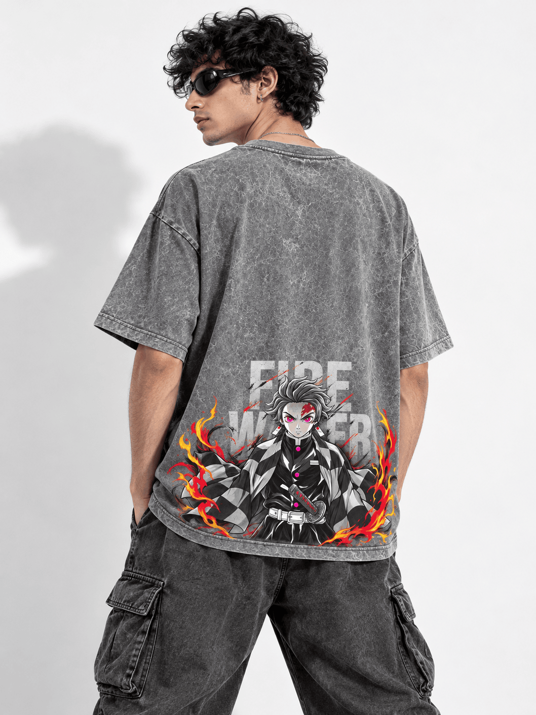 Deez Prints Tanjiro Fire Water Acid Wash Tee — ACID WASH