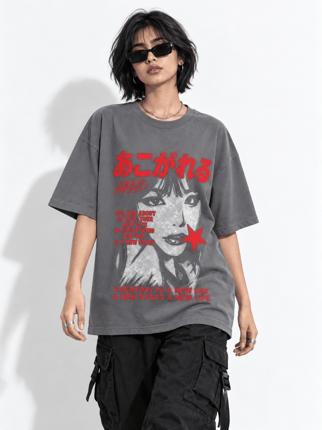 Rockstar Tokyo Drop Shoulder Tee on heavyweight 240 GSM drop-shoulder oversized tee — front graphic view