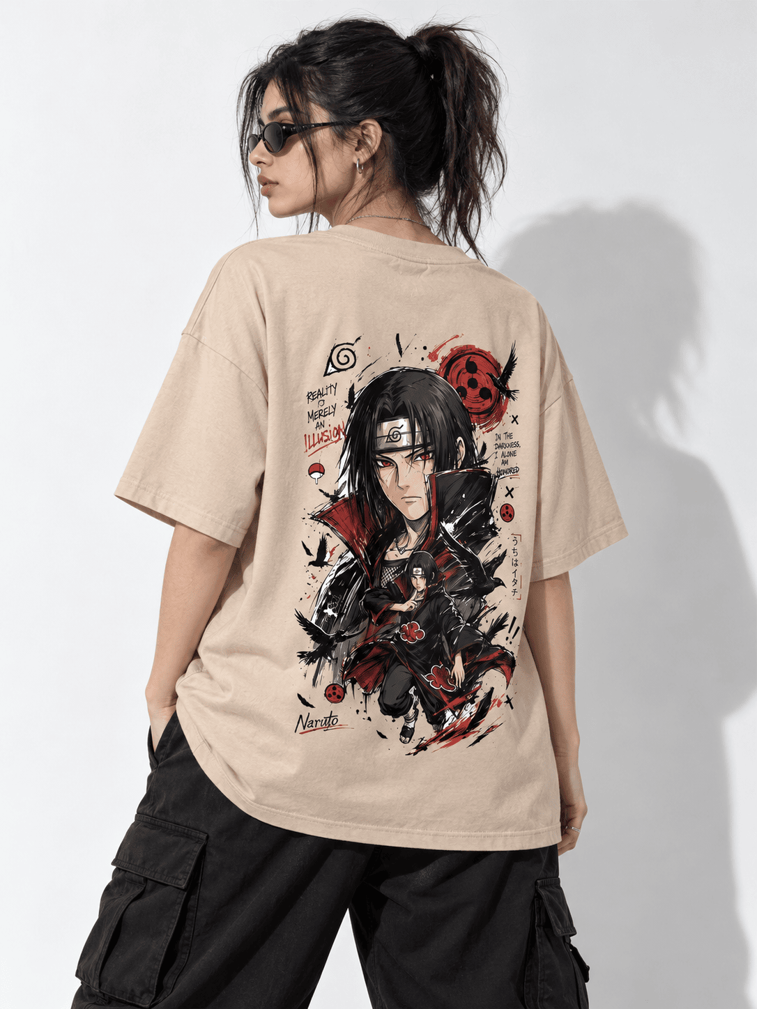 Itachi Akatsuki Drop Shoulder Tee - Edition II on heavyweight 240 GSM drop-shoulder oversized tee — back graphic view