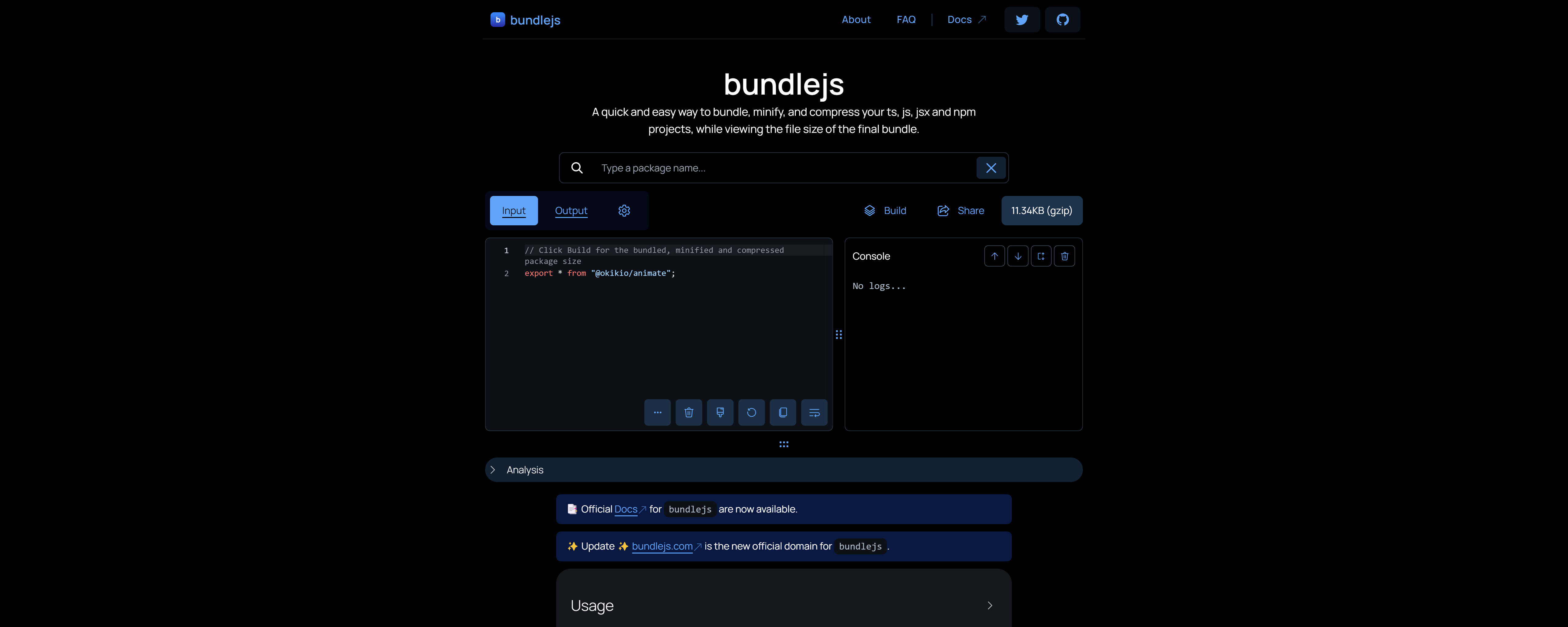 The banner for 'bundlejs.com'. It has a blue box with the letter 'b' inside it, the blue box is the logo, offset by a bit, with the text 'bundlejs' in the center.