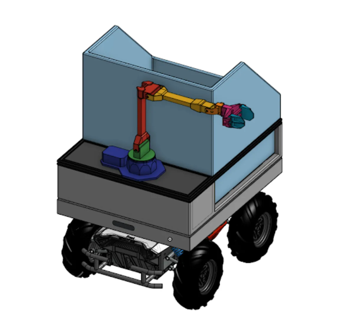 A CAD drawing of an early stage development prototype of a robot.